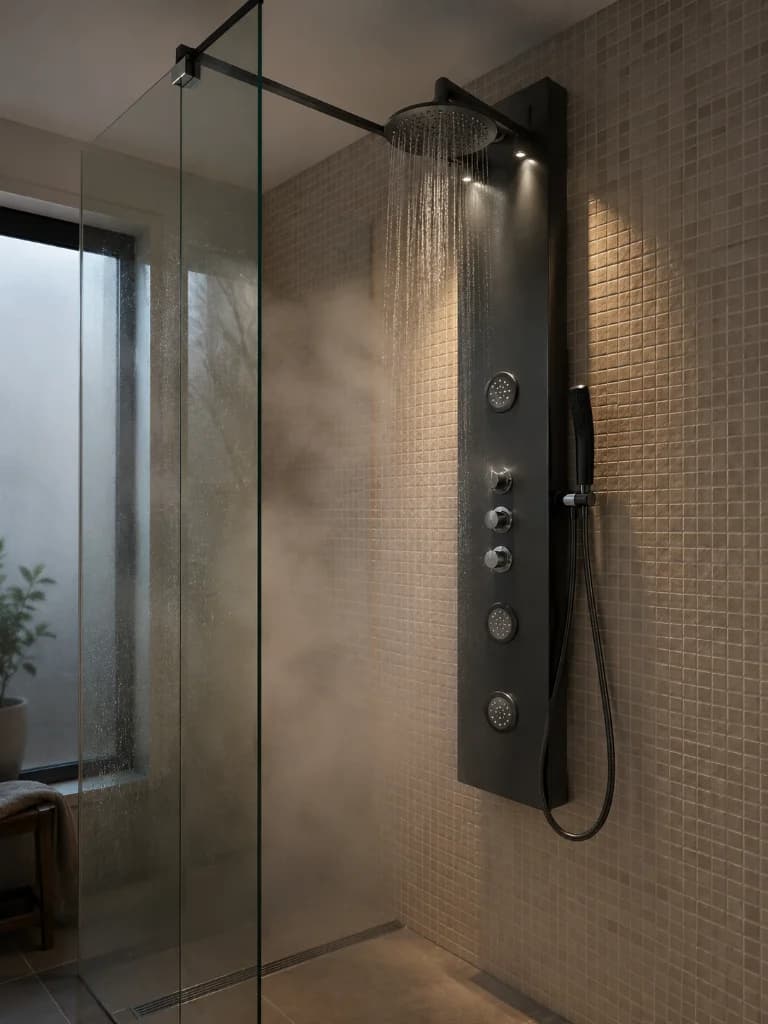 Douche élégante ton marron parois de douche en verre transparent colonne de douche sophistiquée, grande couleur noire et multiples options