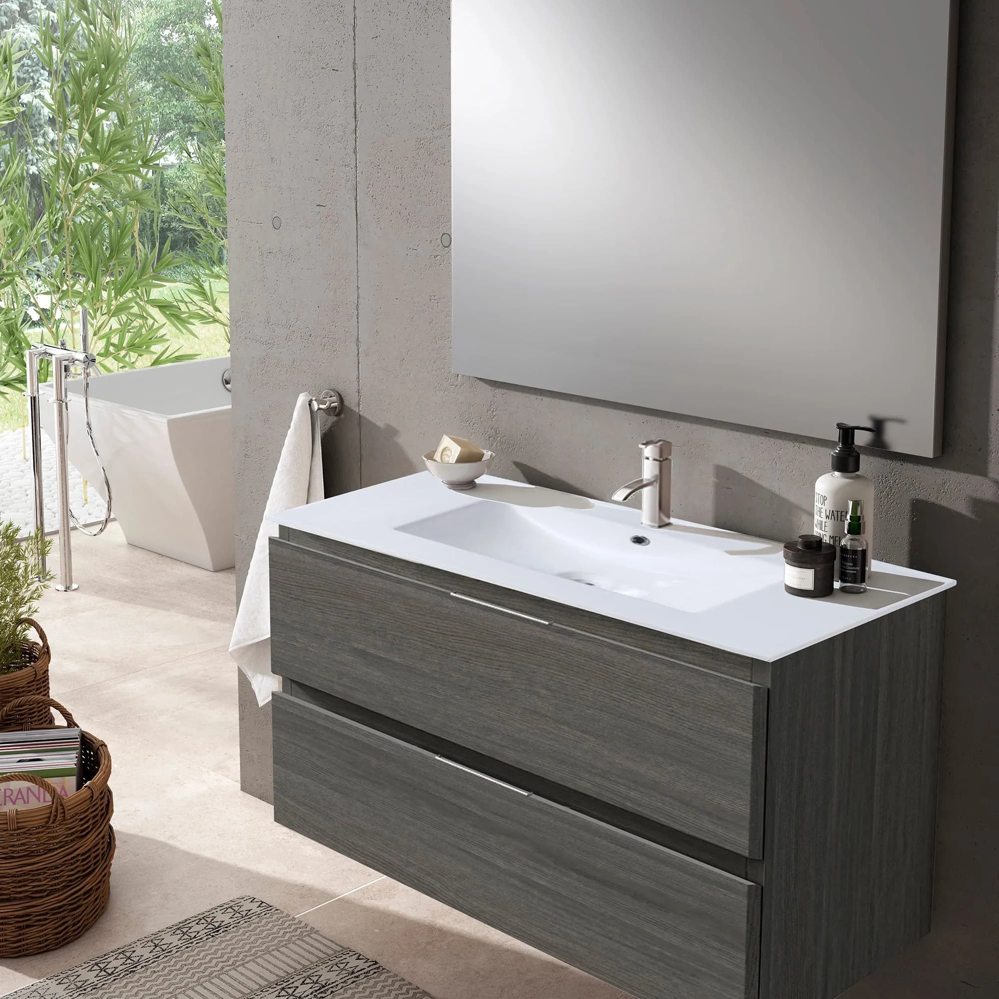 Lavabo rectangulaire grand et blanc sur meuble suspendu double tiroir bois ébène grande pièce avec miroir