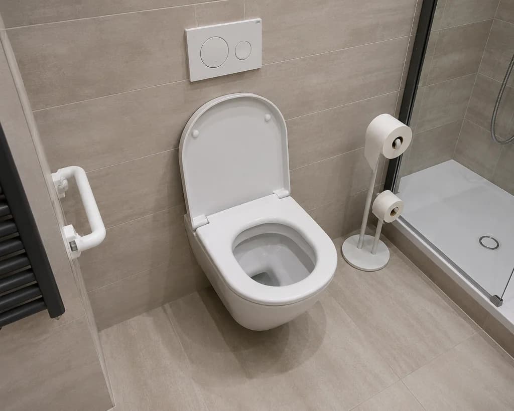 WC suspendu blanc avec bâti-support et plaque de commande double touche chromée